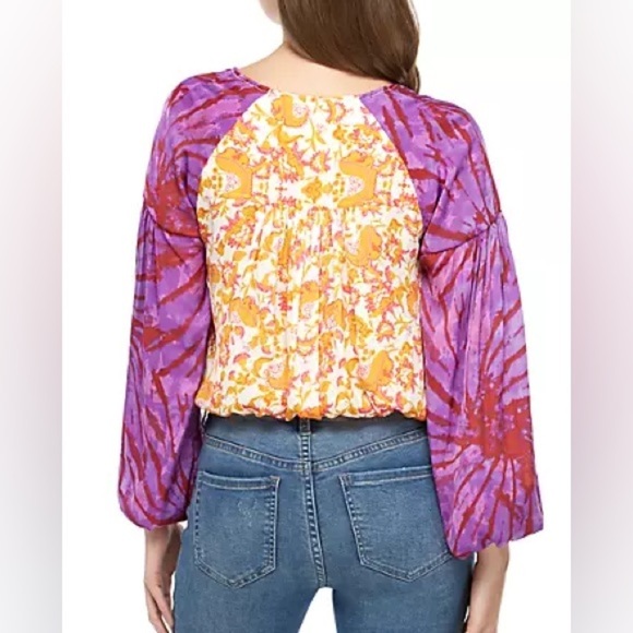 Free People Cruisin Together Mixed Print Puff Sleeve Surplice Top | Large - Picture 2 of 15